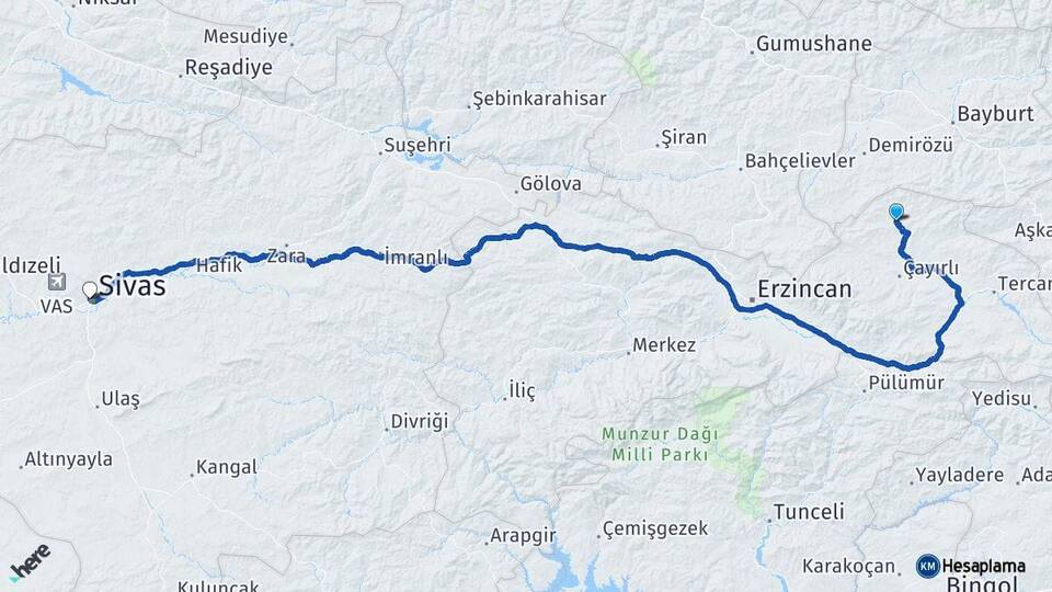 Erzincan Otlukbeli Sivas Arası Kaç Km - Yol Haritası