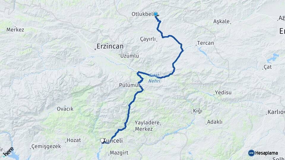 Erzincan Otlukbeli Tunceli Arası Kaç Km - Yol Haritası