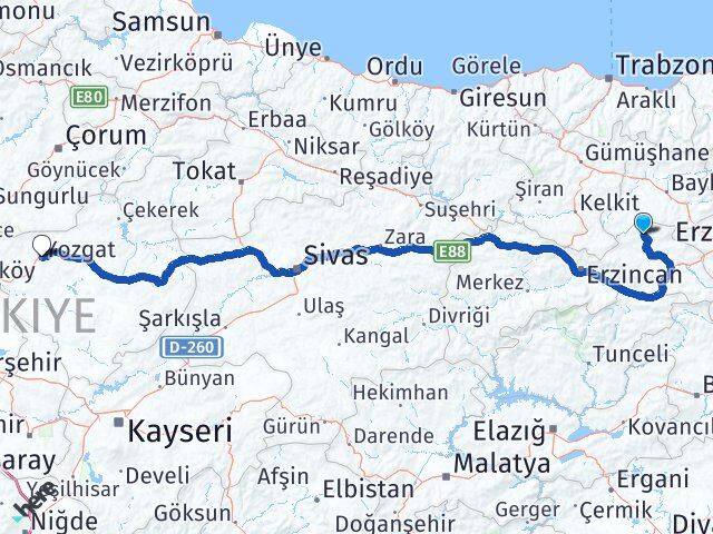 Erzincan Otlukbeli Yozgat Arası Kaç Km - Yol Haritası