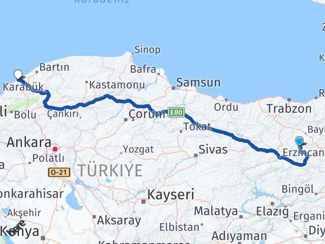 Erzincan Otlukbeli Zonguldak Arası Kaç Km - Yol Haritası