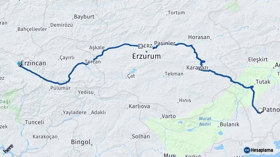 Erzincan Patnos Ağrı Arası Kaç Km - Yol Haritası