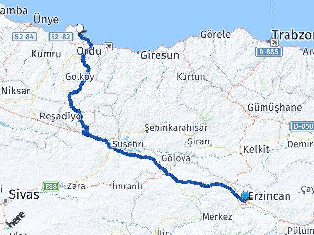 Erzincan Perşembe Ordu Arası Kaç Km - Yol Haritası