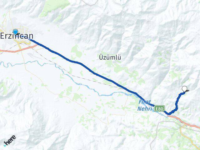 Erzincan Pınarlıkaya Üzümlü Arası Kaç Km - Yol Haritası