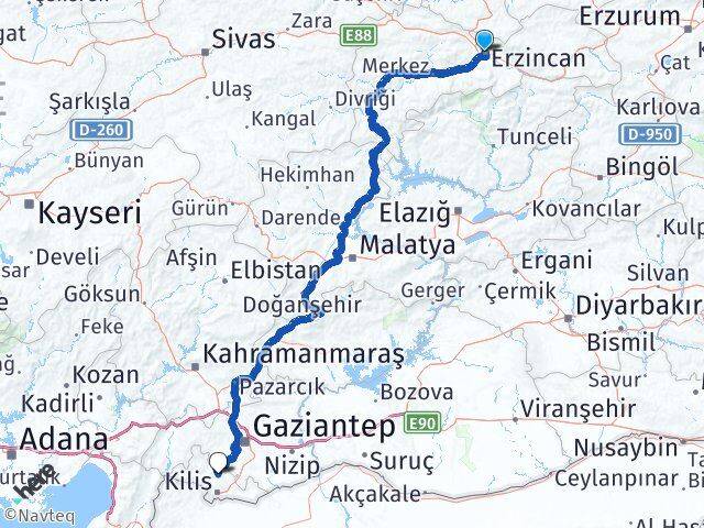 Erzincan Polateli Kilis Arası Kaç Km - Yol Haritası