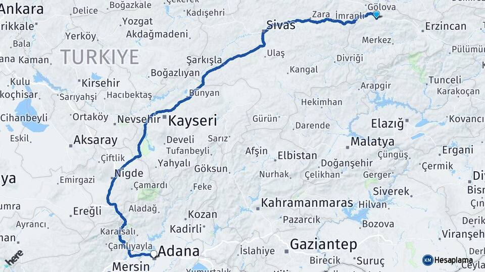 Erzincan Refahiye Adana Arası Kaç Km - Yol Haritası