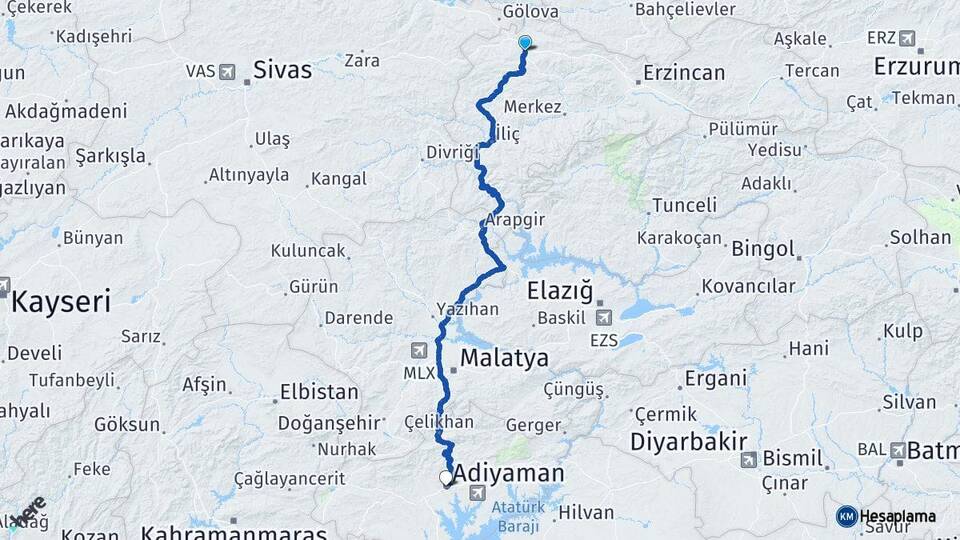 Erzincan Refahiye Adıyaman Arası Kaç Km - Yol Haritası