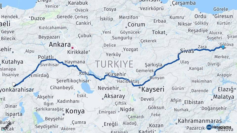 Erzincan Refahiye Afyonkarahisar Arası Kaç Km - Yol Haritası