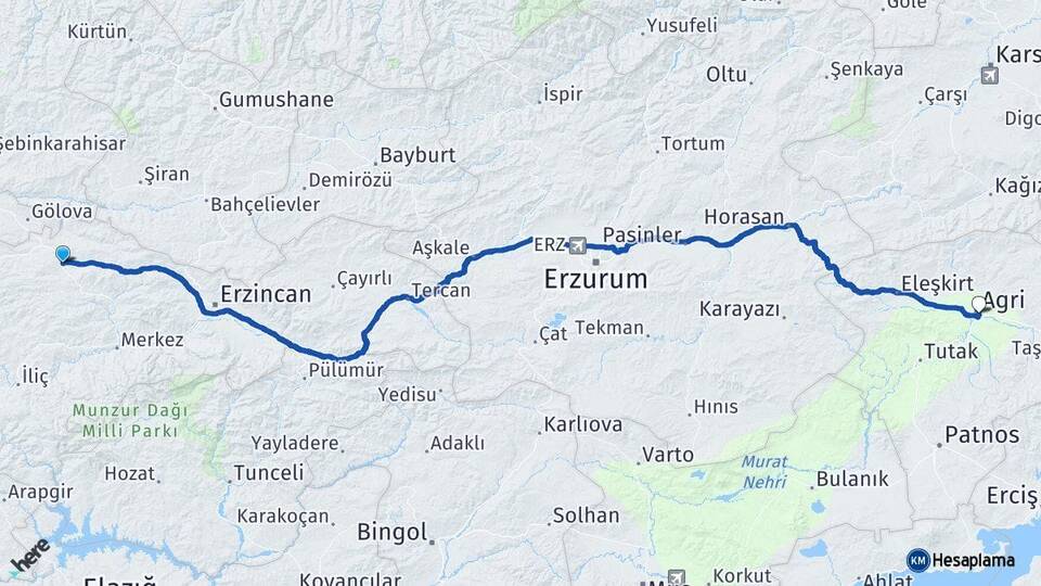 Erzincan Refahiye Ağrı Arası Kaç Km - Yol Haritası