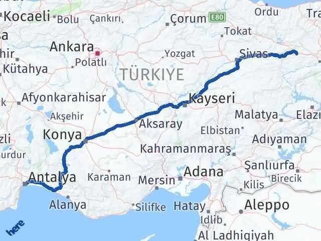 Erzincan Refahiye Antalya Arası Kaç Km - Yol Haritası