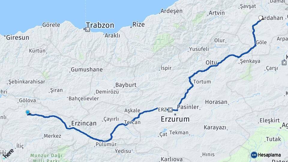 Erzincan Refahiye Ardahan Arası Kaç Km - Yol Haritası