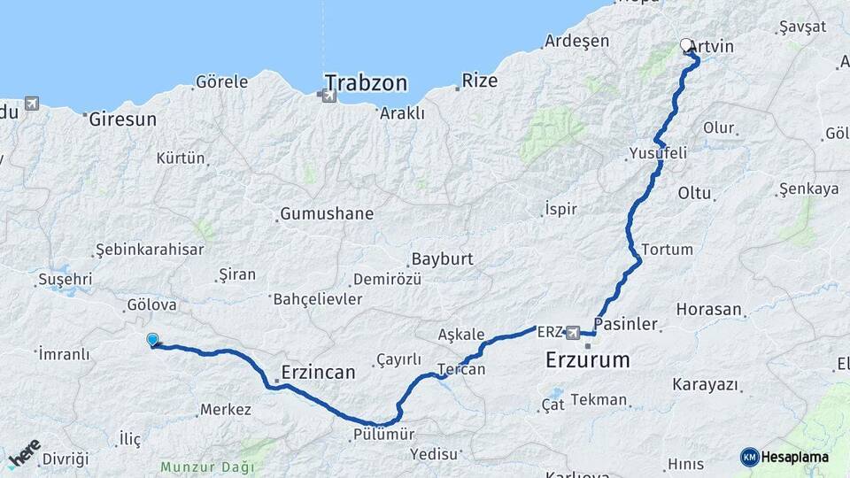 Erzincan Refahiye Artvin Arası Kaç Km - Yol Haritası