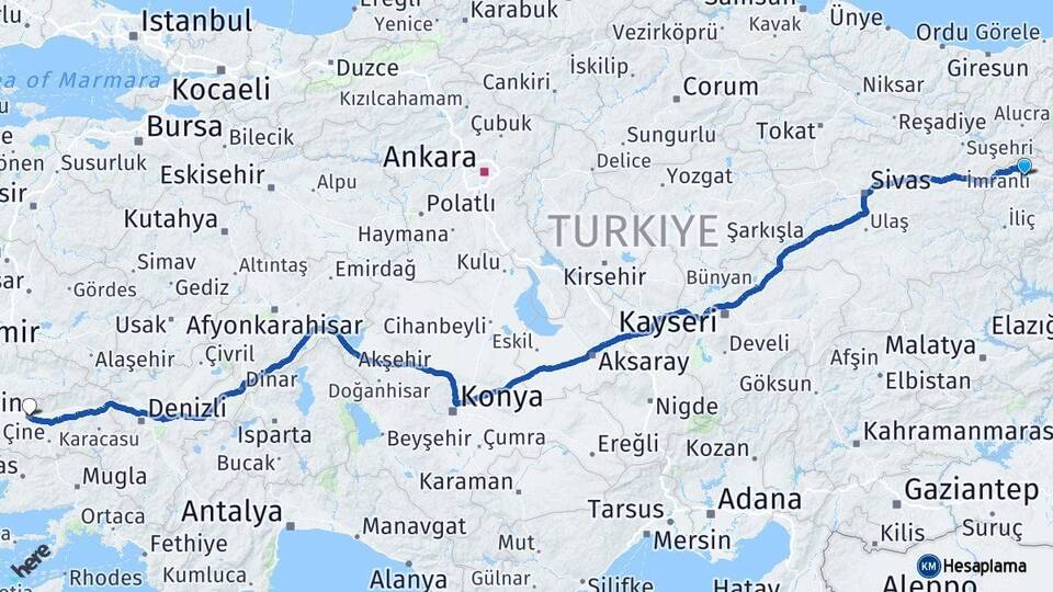 Erzincan Refahiye Aydın Arası Kaç Km - Yol Haritası