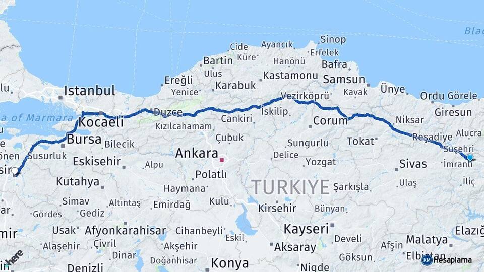 Erzincan Refahiye Balıkesir Arası Kaç Km - Yol Haritası