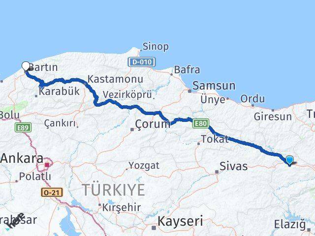 Erzincan Refahiye Bartın Arası Kaç Km - Yol Haritası
