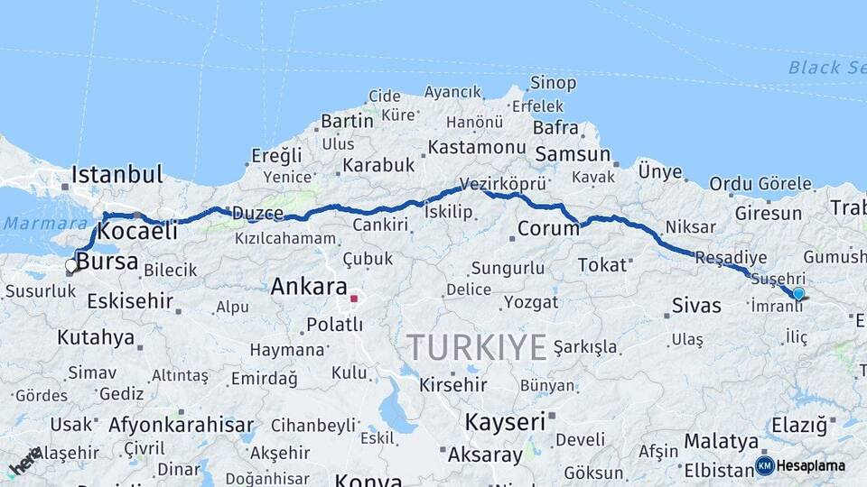 Erzincan Refahiye Bursa Arası Kaç Km - Yol Haritası