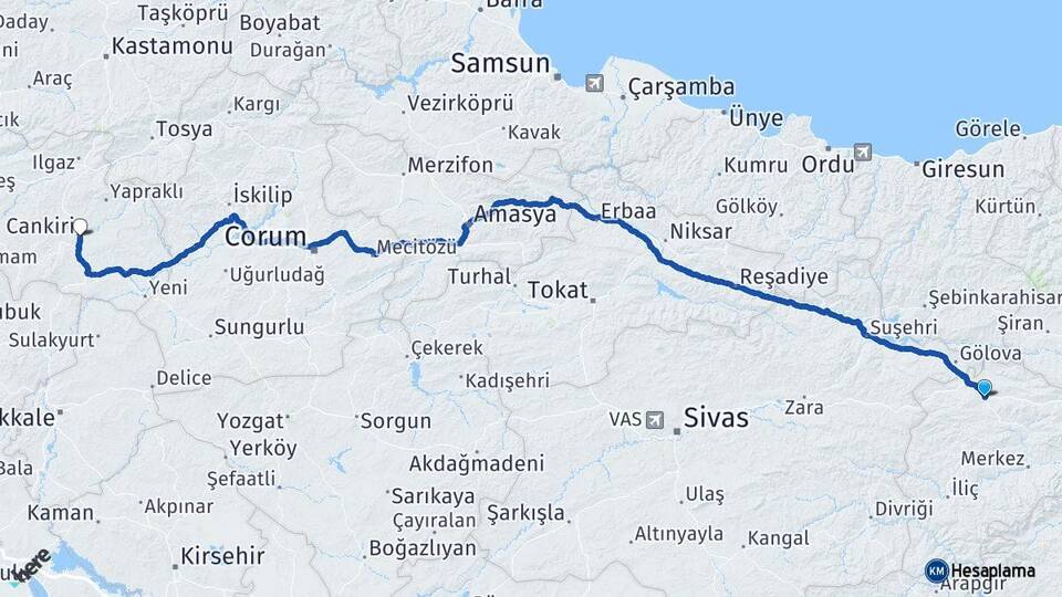 Erzincan Refahiye Çankırı Arası Kaç Km - Yol Haritası