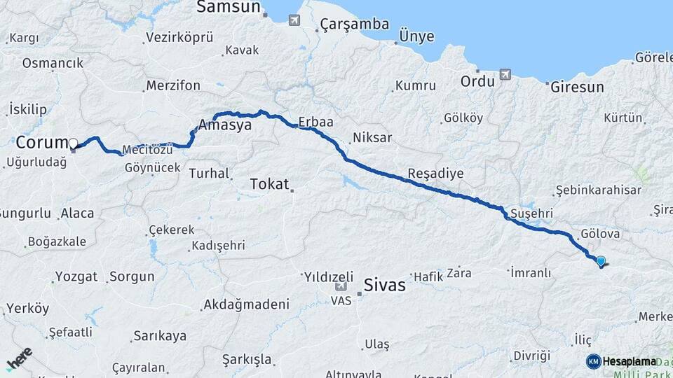 Erzincan Refahiye Çorum Arası Kaç Km - Yol Haritası