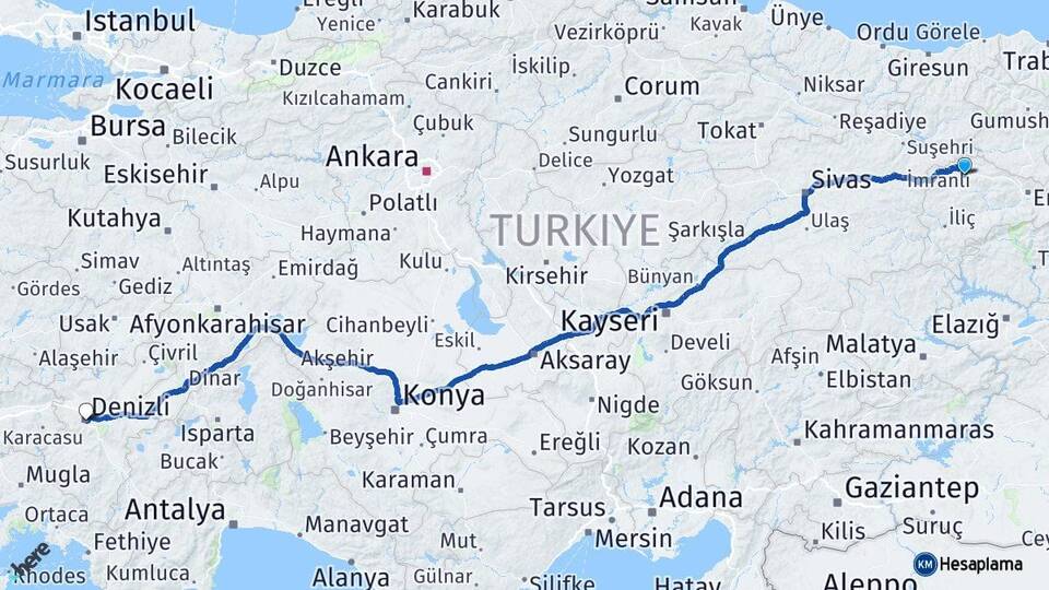 Erzincan Refahiye Denizli Arası Kaç Km - Yol Haritası
