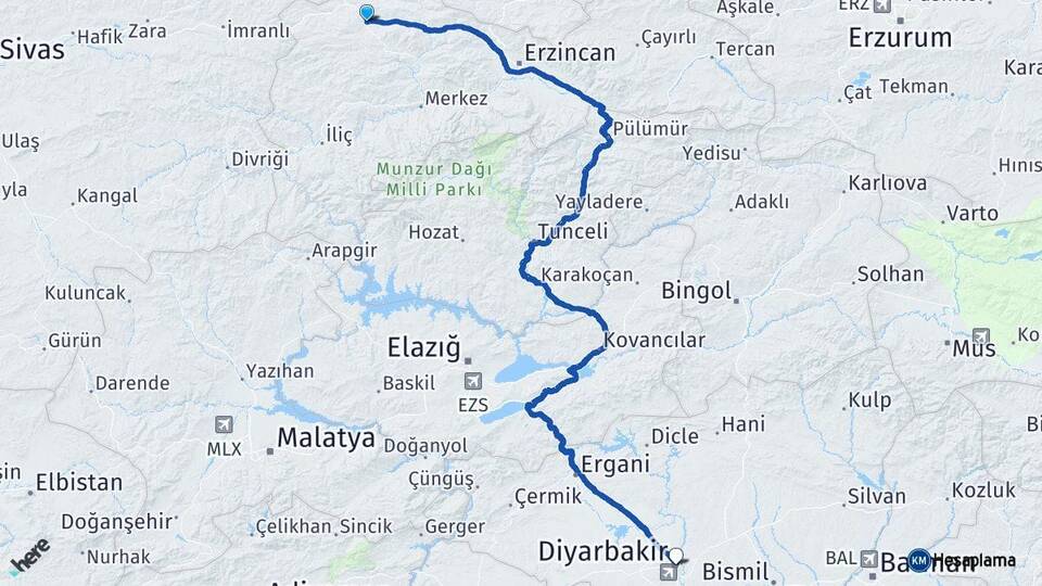 Erzincan Refahiye Diyarbakır Arası Kaç Km - Yol Haritası