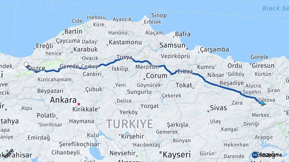Erzincan Refahiye Düzce Arası Kaç Km - Yol Haritası