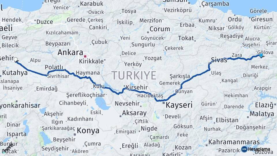 Erzincan Refahiye Eskişehir Arası Kaç Km - Yol Haritası