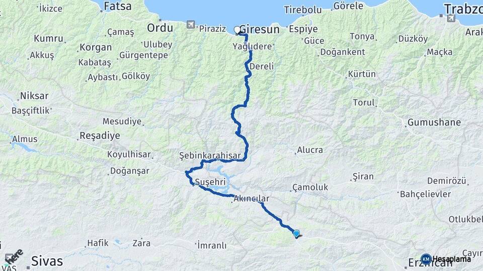 Erzincan Refahiye Giresun Arası Kaç Km - Yol Haritası