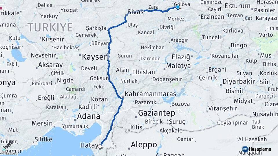 Erzincan Refahiye Hatay Arası Kaç Km - Yol Haritası