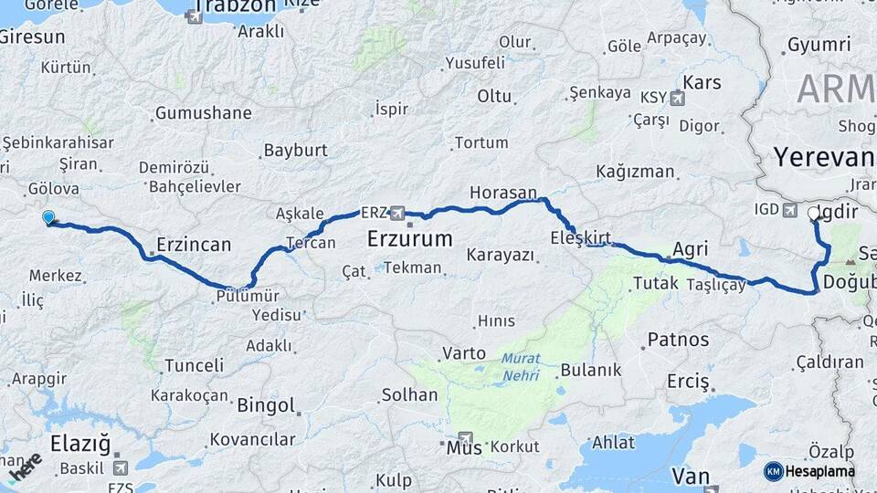 Erzincan Refahiye Iğdır Arası Kaç Km - Yol Haritası