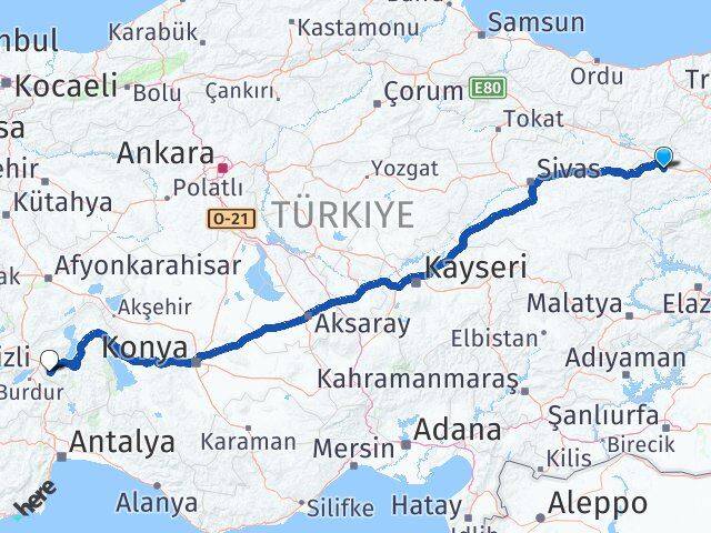 Erzincan Refahiye Isparta Arası Kaç Km - Yol Haritası