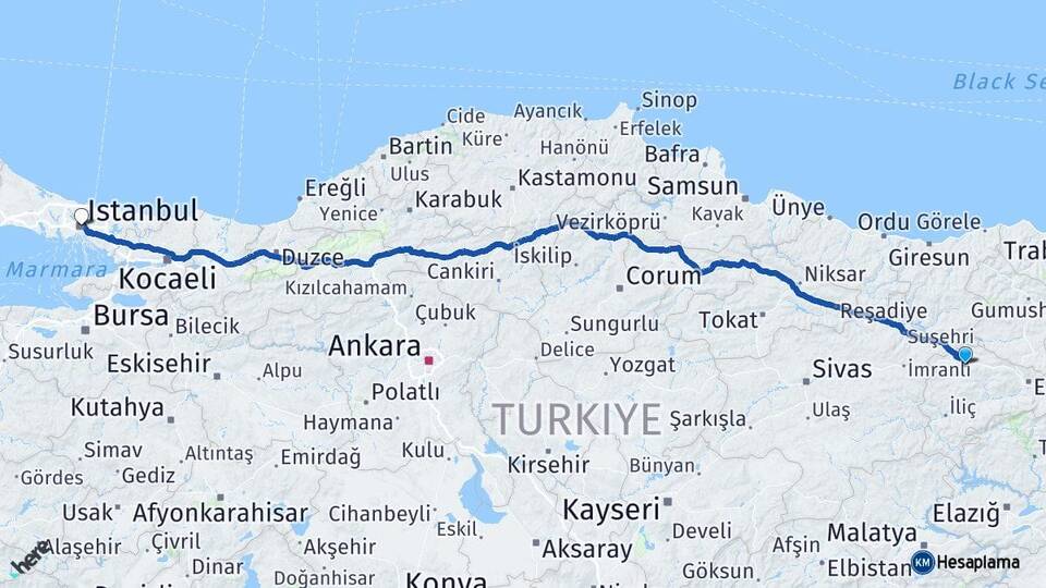 Erzincan Refahiye İstanbul Arası Kaç Km - Yol Haritası