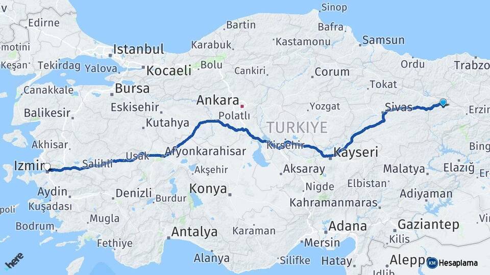 Erzincan Refahiye İzmir Arası Kaç Km - Yol Haritası