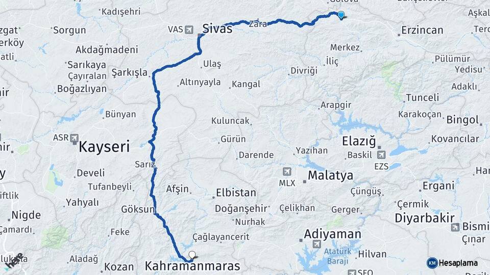 Erzincan Refahiye Kahramanmaraş Arası Kaç Km - Yol Haritası