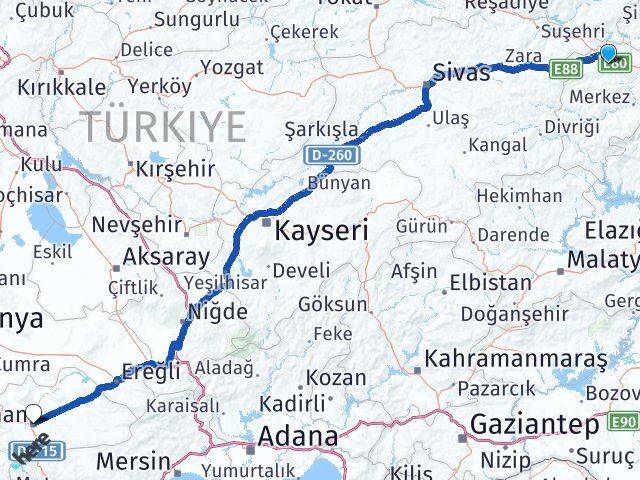 Erzincan Refahiye Karaman Arası Kaç Km - Yol Haritası