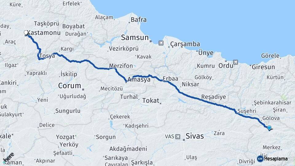 Erzincan Refahiye Kastamonu Arası Kaç Km - Yol Haritası