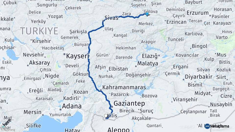Erzincan Refahiye Kilis Arası Kaç Km - Yol Haritası