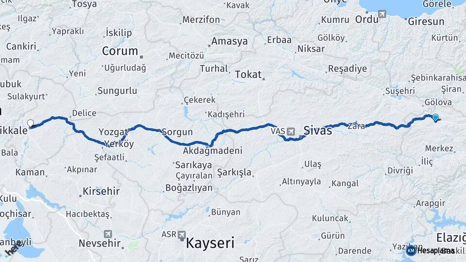 Erzincan Refahiye Kırıkkale Arası Kaç Km - Yol Haritası