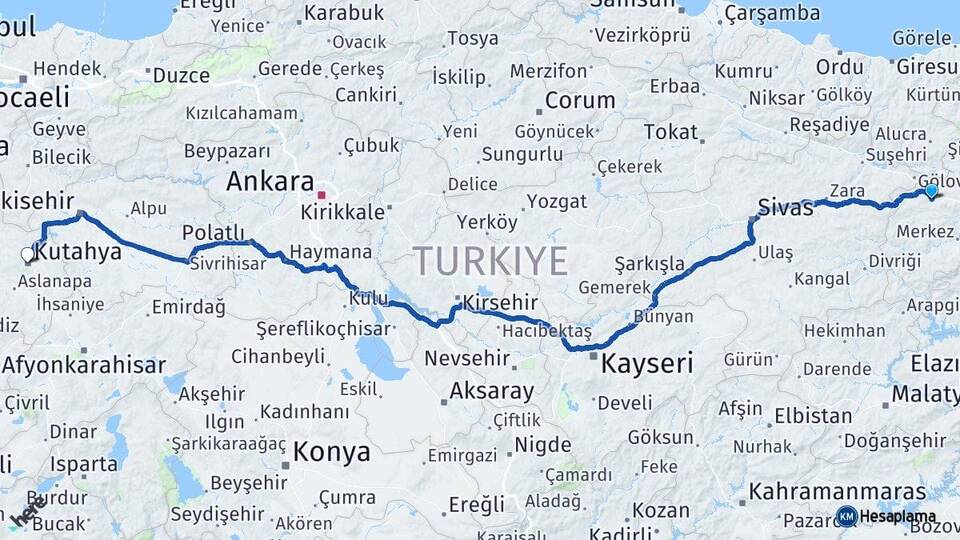 Erzincan Refahiye Kütahya Arası Kaç Km - Yol Haritası