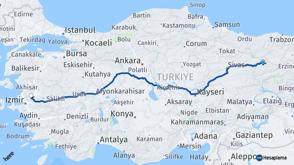 Erzincan Refahiye Manisa Arası Kaç Km - Yol Haritası