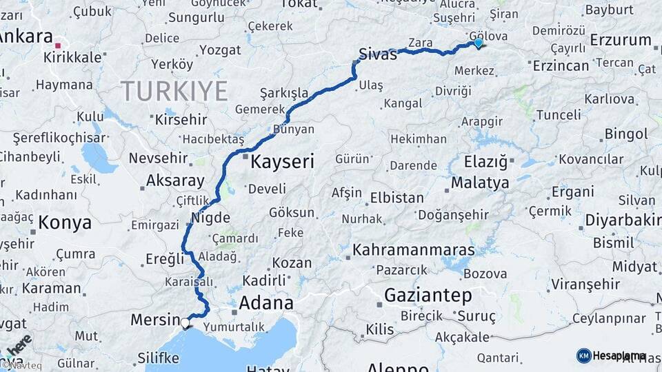 Erzincan Refahiye Mersin Arası Kaç Km - Yol Haritası