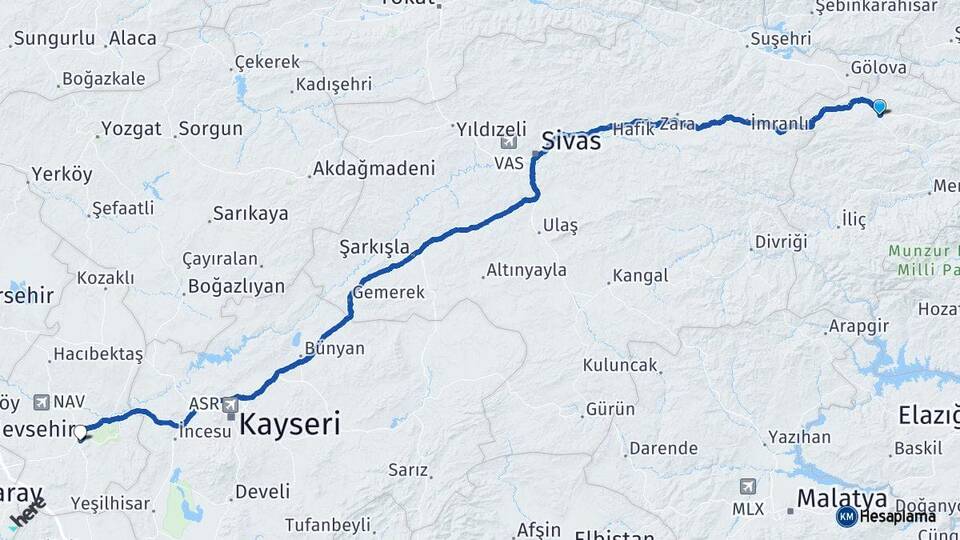 Erzincan Refahiye Nevşehir Arası Kaç Km - Yol Haritası