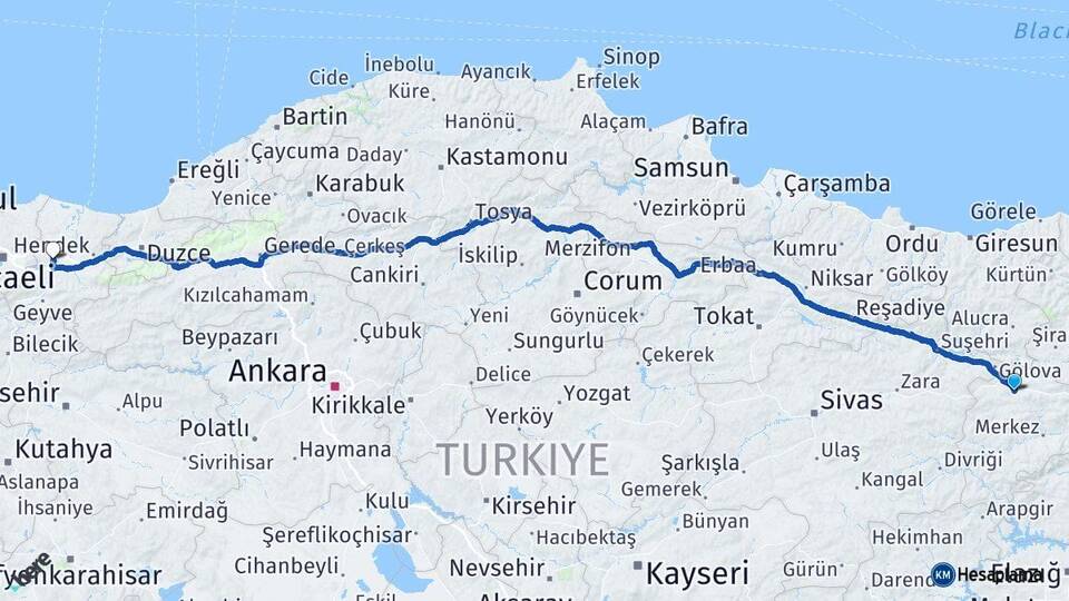 Erzincan Refahiye Sakarya Arası Kaç Km - Yol Haritası