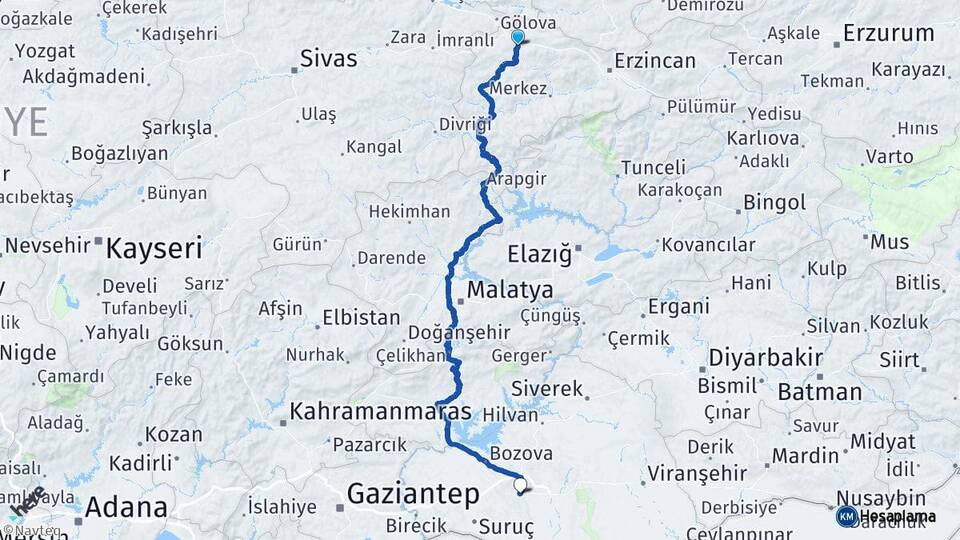 Erzincan Refahiye Şanlıurfa Arası Kaç Km - Yol Haritası