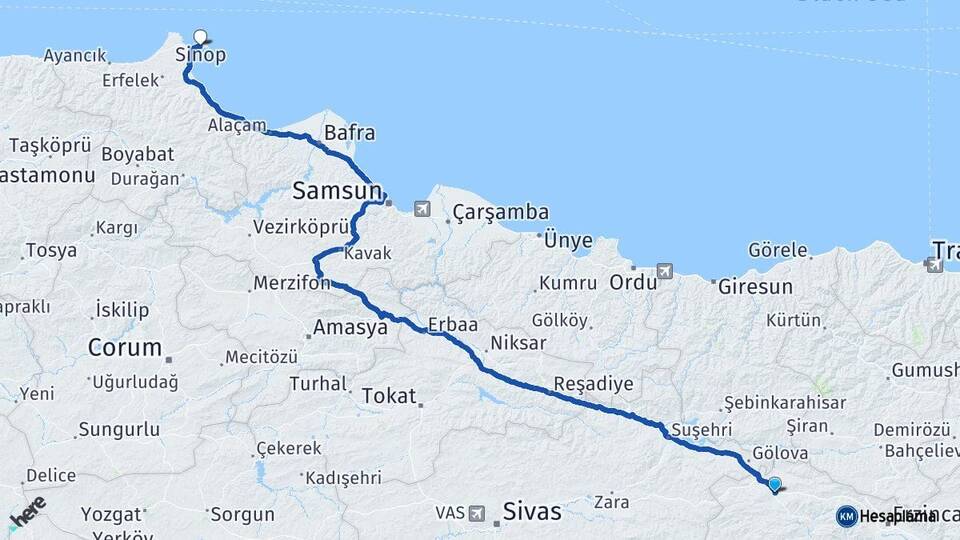 Erzincan Refahiye Sinop Arası Kaç Km - Yol Haritası