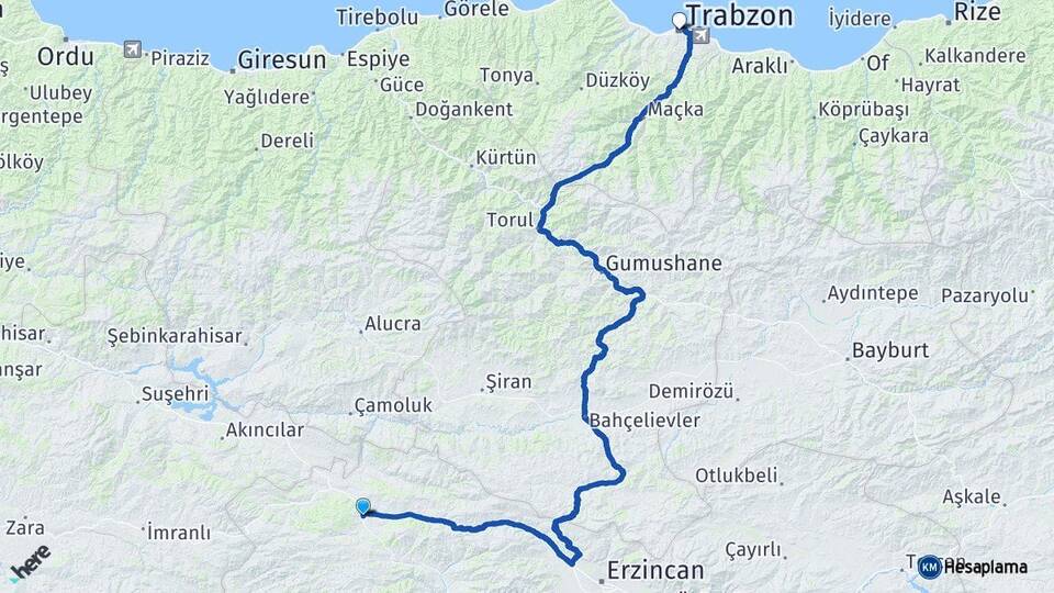 Erzincan Refahiye Trabzon Arası Kaç Km - Yol Haritası