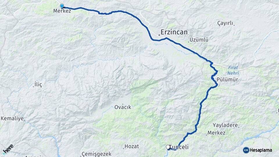 Erzincan Refahiye Tunceli Arası Kaç Km - Yol Haritası
