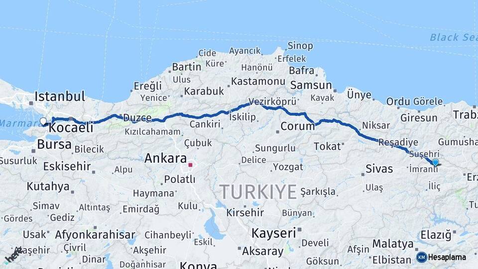 Erzincan Refahiye Yalova Arası Kaç Km - Yol Haritası
