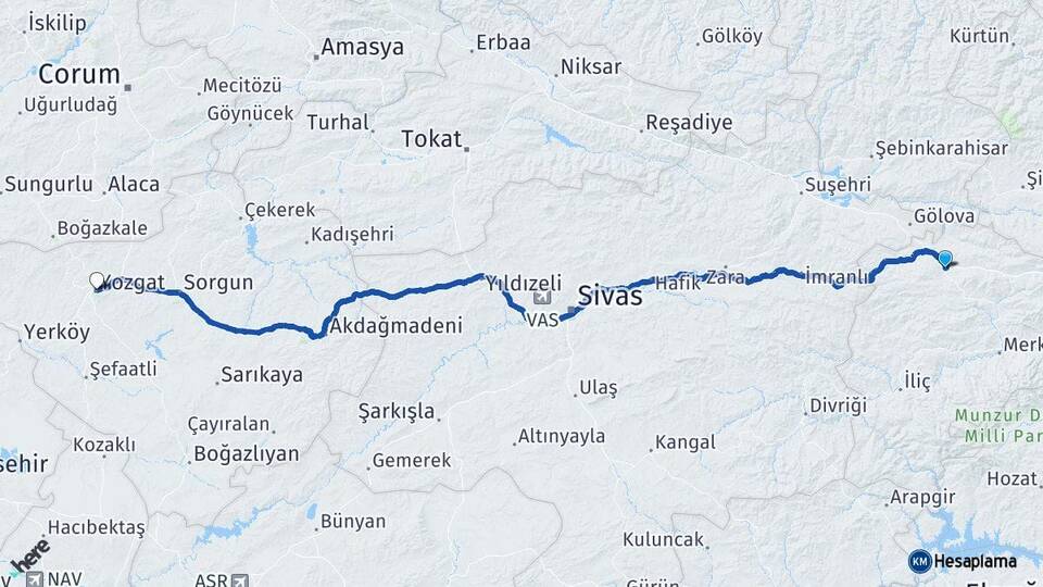 Erzincan Refahiye Yozgat Arası Kaç Km - Yol Haritası