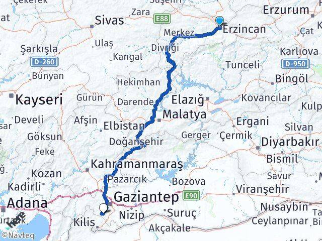 Erzincan Şahinbey Gaziantep Arası Kaç Km - Yol Haritası