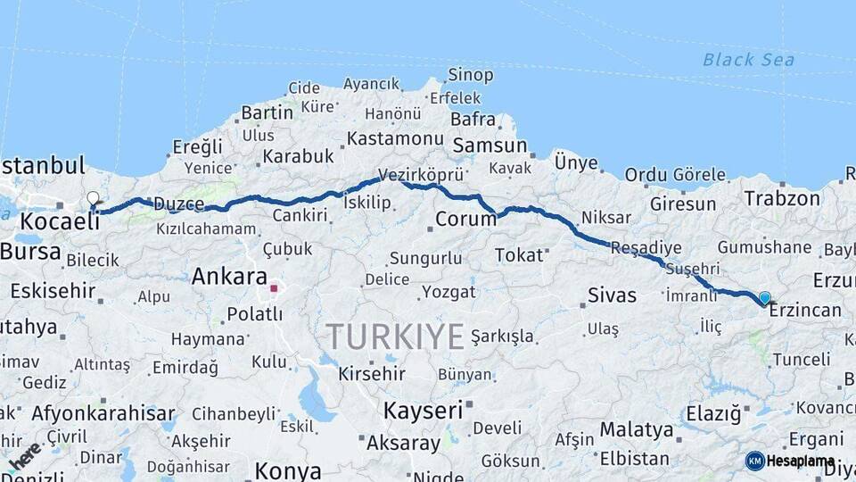 Erzincan Sakarya Arası Kaç Km - Yol Haritası
