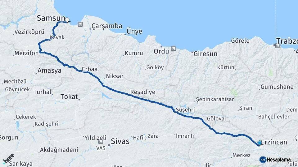 Erzincan Samsun Arası Kaç Km - Yol Haritası